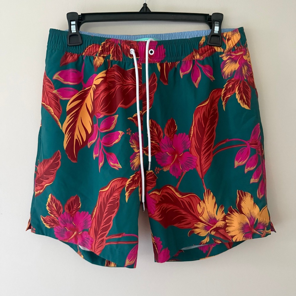 Bonobos Mens Teal Tropical Hibiscus Floral Print Swim Trunks 7 Inch Inseam M